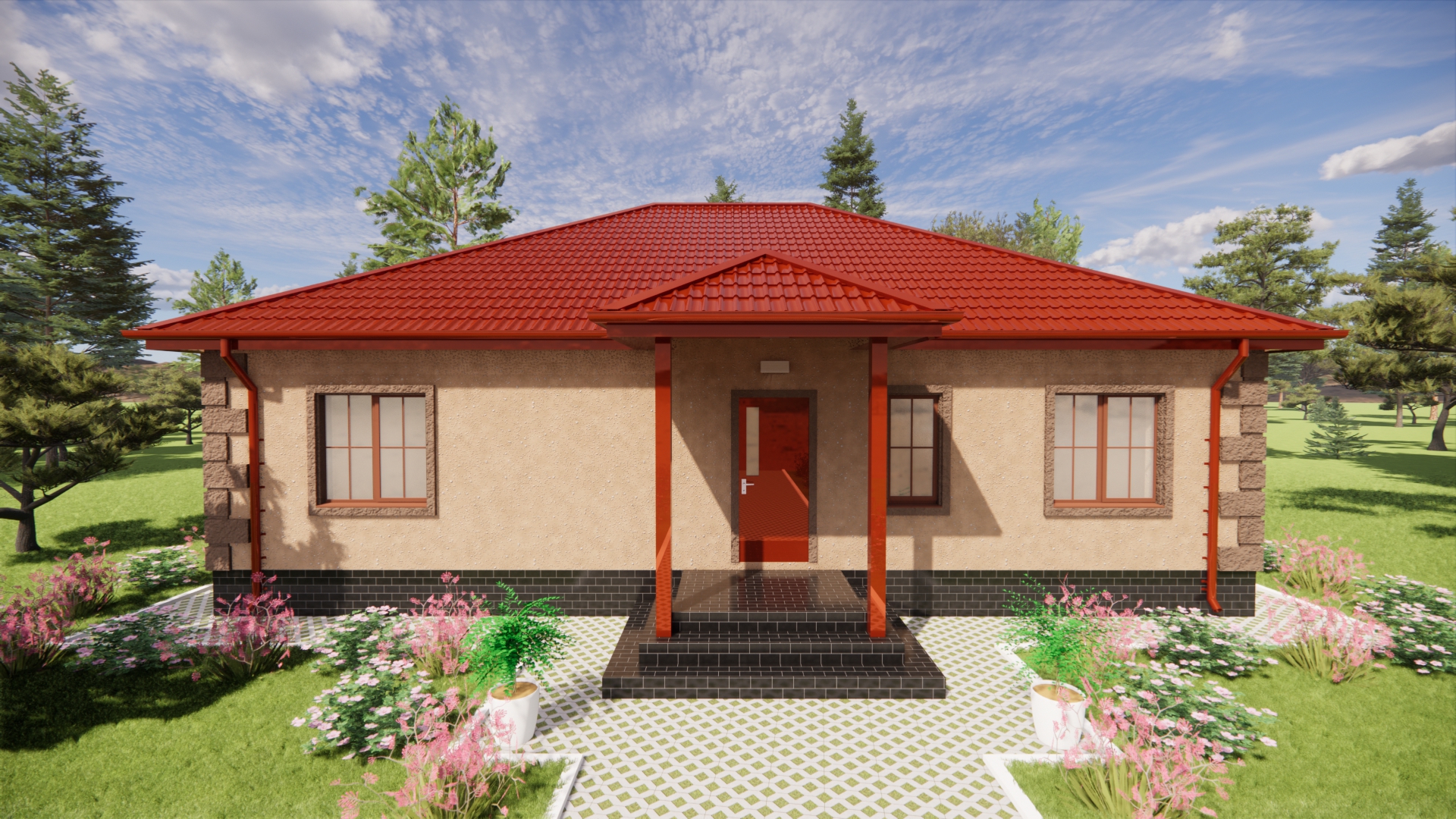 Проект одноэтажного дома с террасой S=127 м.кв. смотреть онлайн