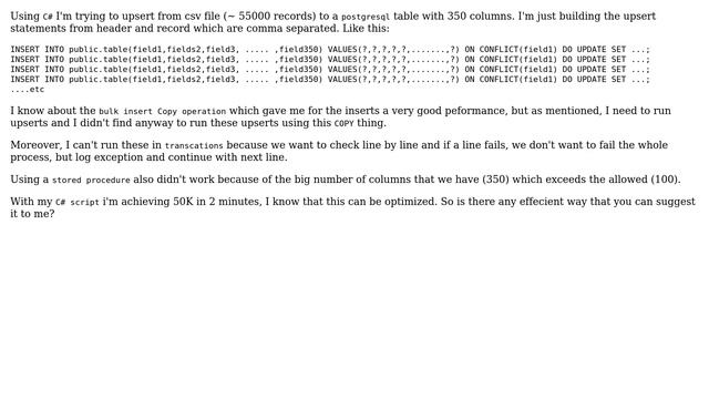 Upserting 50K records into big table (app. 350 columns) in postgresql смотреть онлайн