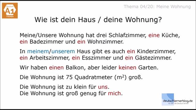 Deutsch Lernen – Deutschkurs A1 – Thema 04/20: Meine Wohnung