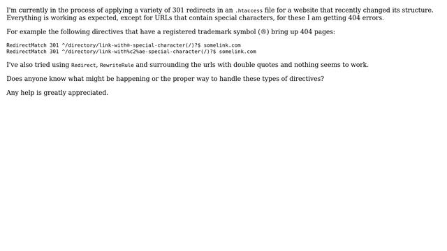 htaccess Redirect / RedirectMatch with URLs that contain Special / Encoded Characters смотреть онлайн