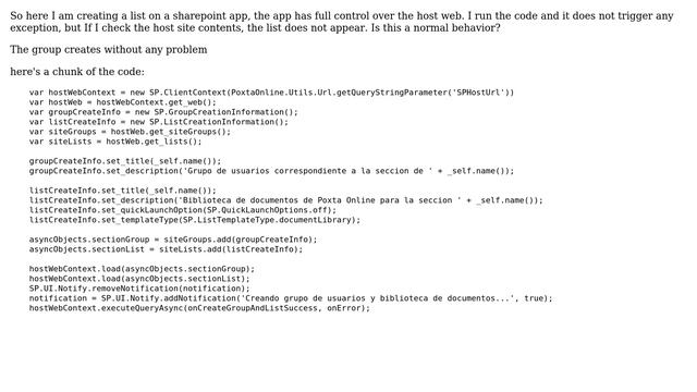 Sharepoint App: Create a list using javascript on the host web, list does not appear on site... смотреть онлайн