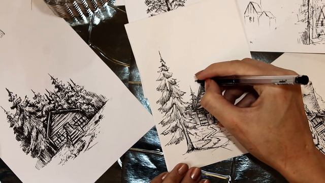 Рисуем пейзаж гелевой ручкой.Домик в лесу. смотреть онлайн