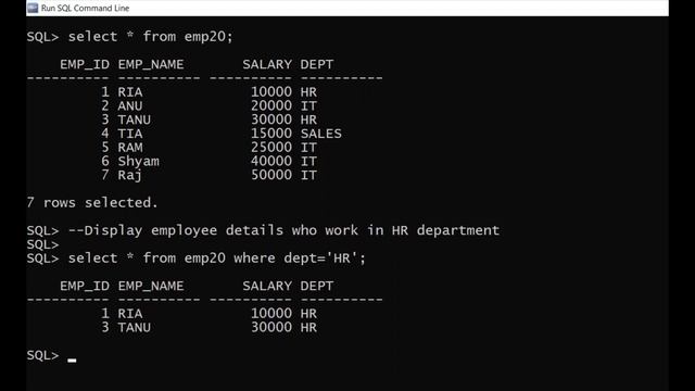 Oracle | SQL command to display employees of HR department смотреть онлайн