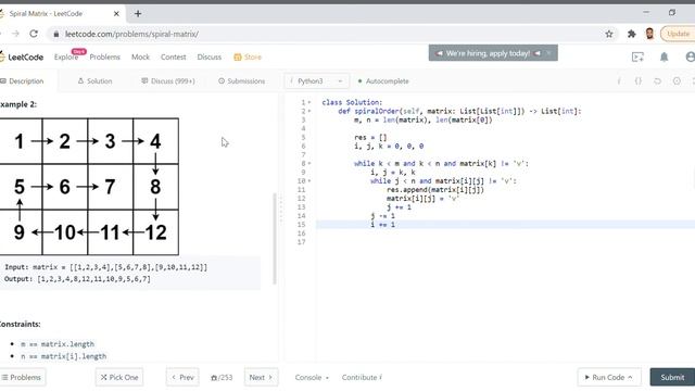 LeetCode 54: Spiral Matrix: Python Medium смотреть онлайн