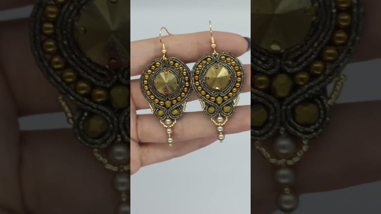 Серьги Сутажные с кристаллами Хаки металлик блестящие смотреть онлайн