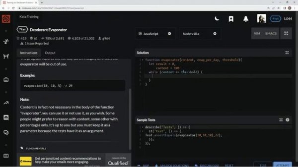 Codewars 7 kyu Deodorant Evaporator Javascript