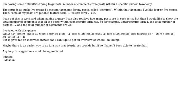 Wordpress: Get total number of comments from posts in a specific custom taxonomy смотреть онлайн