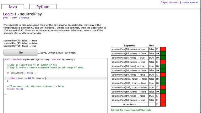 Codingbat - squirrelPlay (Java) смотреть онлайн