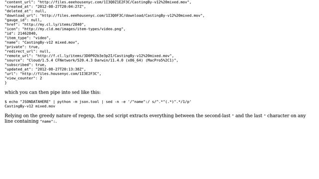 (Mac Terminal) sed to parse JSON ... what am I doing wrong? (5 Solutions!!) смотреть онлайн