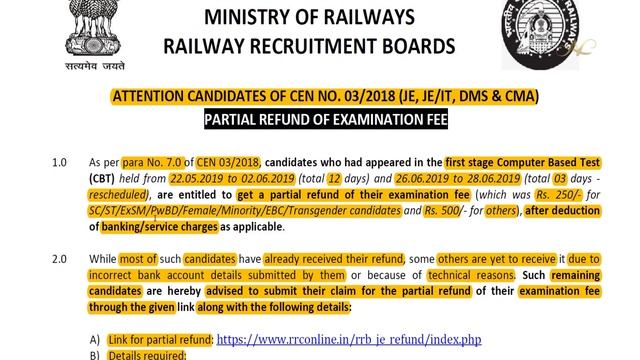railway exam fee refund process 2021 Official Notice how to get rrb fee refund Telugu bank details смотреть онлайн