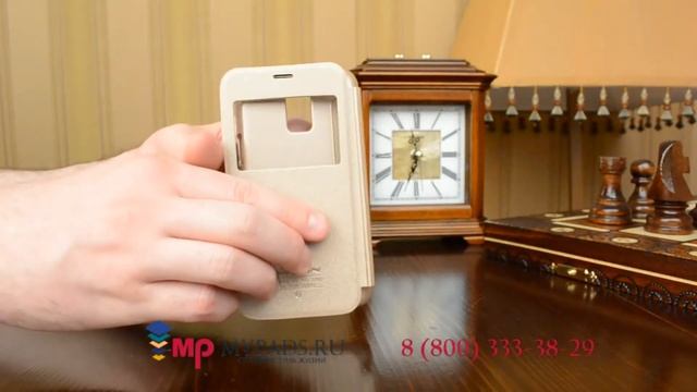 Фирменный оригинальный чехол книжка для Samsung GALAXY S5 mini золотой кожаный с окошком для входящ смотреть онлайн