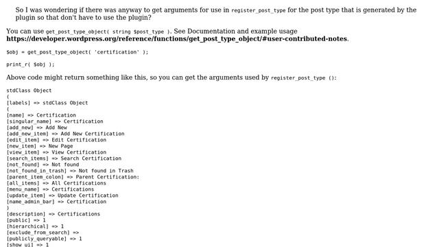 Wordpress: Getting arguments for register_post_type from a plugin generated post type смотреть онлайн
