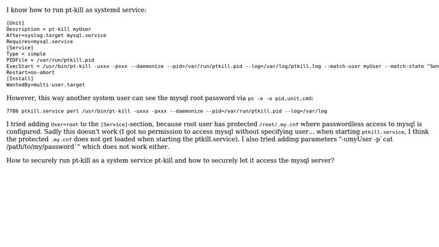 Databases: pt-kill - how to securely allow access to mysql server when running as service смотреть онлайн