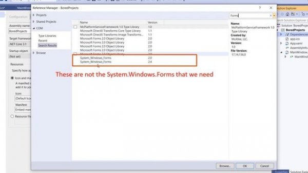 How to add a reference to the System.Windows.Forms lib from a .NET Core WPF project
