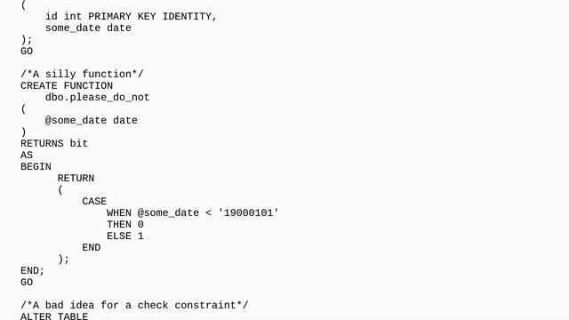 Dba: Alter a scalar UDF that is used in a check constraint in SQL Server 2012 смотреть онлайн