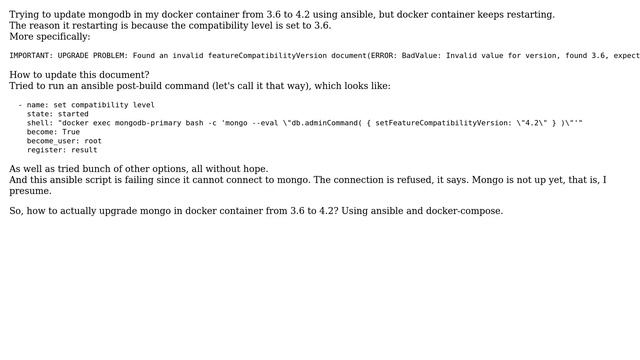 Upgrade mongodb replicaset docker container using ansible смотреть онлайн