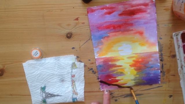 Рисунок акварелью Море Закат Пальмы смотреть онлайн