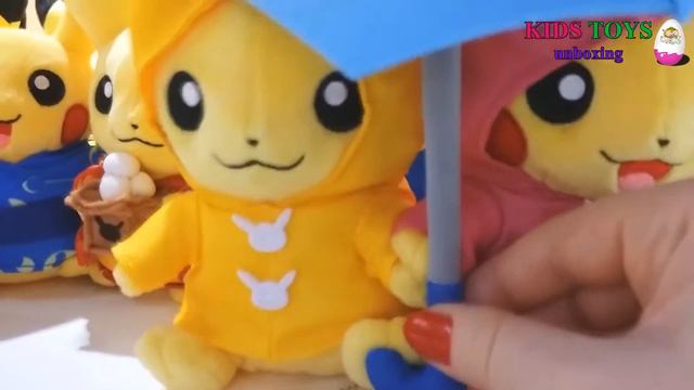 POKEMON WITH AMBRELLA WALKING IN THE RAIN Pikachu Soft Toys Unboxing And Play