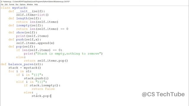 Balanced Parenthesis using stack | Python Data Structure | CS TechTube смотреть онлайн