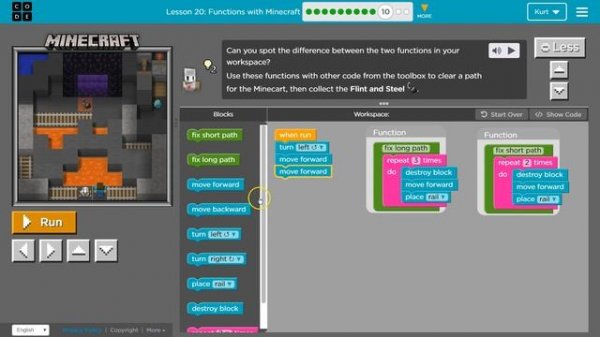 Code.org Express Lesson 20.10 Functions in Minecraft | Answers Explained | Course E Lesson 10.10