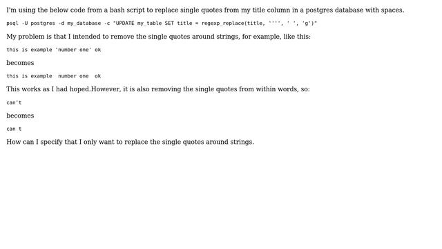 Using regexp_replace to replace single quotes around string but not within words e.g. can't смотреть онлайн