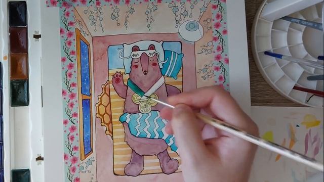 Sleepy Bear [Sketch + watercolors timelapse] смотреть онлайн