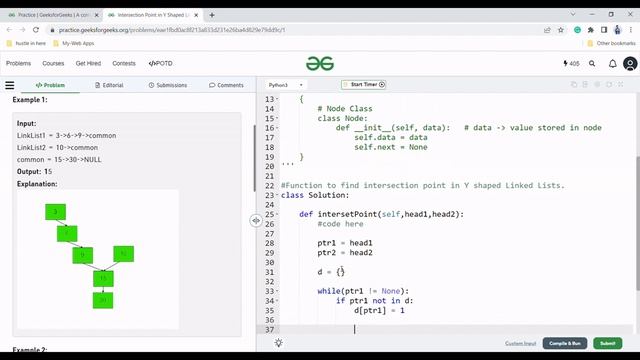 Intersection point in Y-Shaped linked list || GFG || Python смотреть онлайн