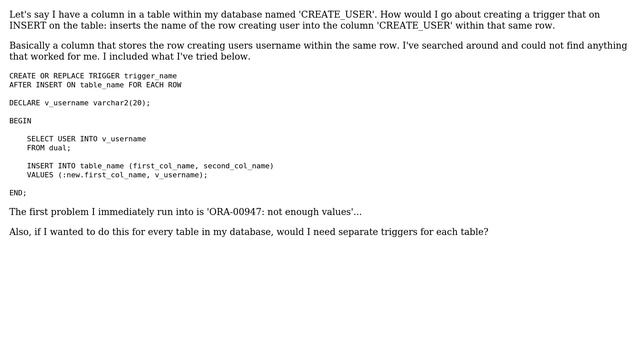 Databases: Oracle: Trigger to store username after INSERT into column of same table смотреть онлайн