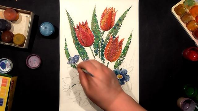 Tulips And Violets - Pointillism Drawing | Gouache | IOTN - Speed Painting