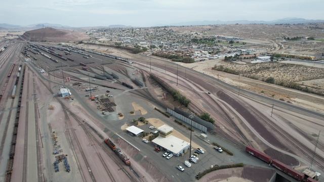 4K: DRONE VIEW OF BNSF HUMP YARD IN BARSTOW CA
