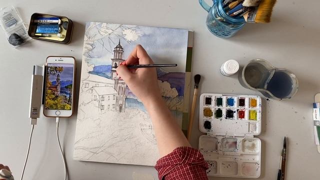 Урок по Акварели "Храм в горах". Часть 2. смотреть онлайн