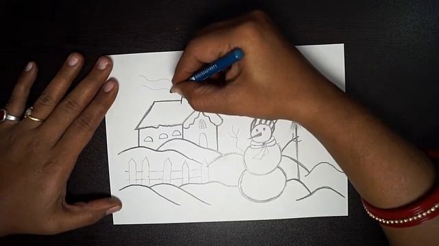 Christmas Scenery Drawing || How To Draw A Snowman || Pencil Scenery Drawing смотреть онлайн