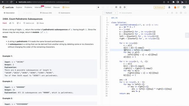 Count Palindromic Subsequences - Leetcode 2484 - Python смотреть онлайн