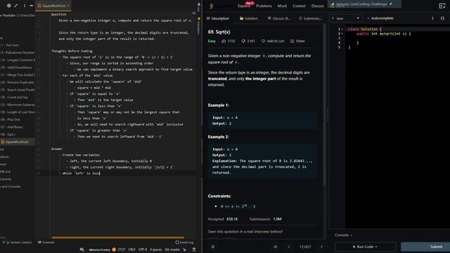 Sqrt(x) - Leetcode 69 - Java смотреть онлайн