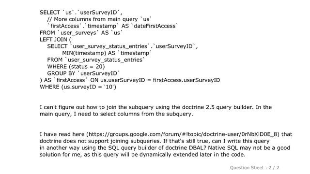 MySQL : Join subquery with doctrine 2 DBAL смотреть онлайн