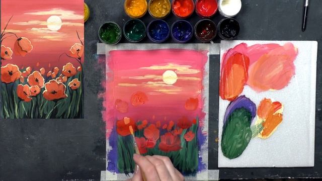 Как Нарисовать Красный ЗАКАТ и МАКИ| Красивый Пейзаж Очень Просто Начинающим| Энергетическая Картин смотреть онлайн