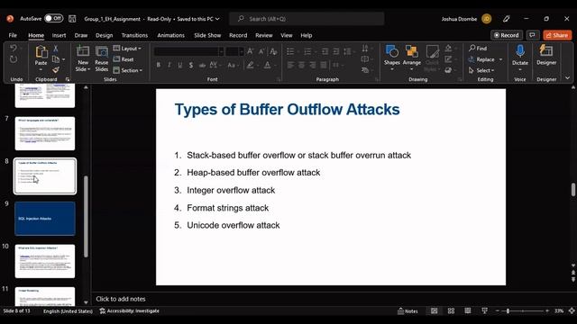 Group 1 EHDF PowerPoint Presentation on Buffer Overflow and SQL Injection attacks смотреть онлайн