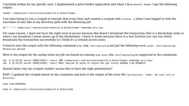 Ubuntu: Cron job not running for a specific user for nodejs смотреть онлайн