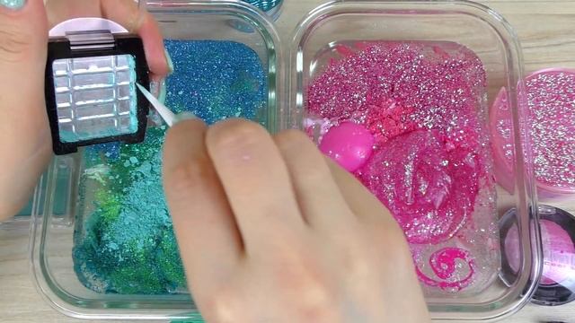 MINT Vs PINK SLIME Mixing Makeup And Glitter Into Clear Slime Satisfying Slime Videos