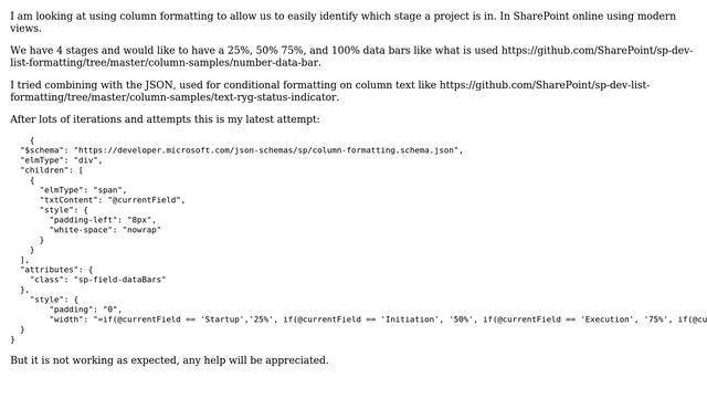 Sharepoint: Using JSON data bars Column formatting for text (stages) смотреть онлайн