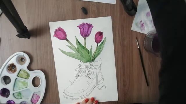 Тюльпаны акварелью/Скетч акварелью смотреть онлайн