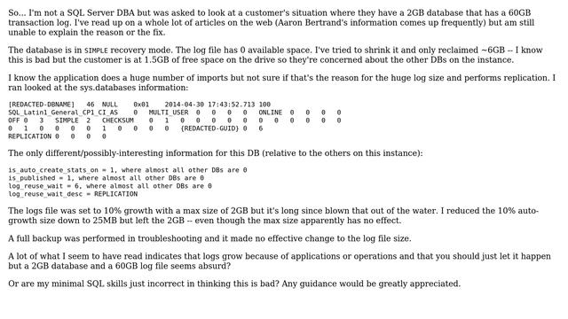 Databases: SQL Server 2008 - SIMPLE database log file is HUGE relative to the actual DB? смотреть онлайн