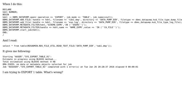 Databases: Datapump error in log file смотреть онлайн