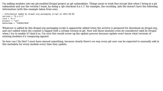 Drupal: Bringing modules into project as git submodules - .info file doesn't have version info смотреть онлайн