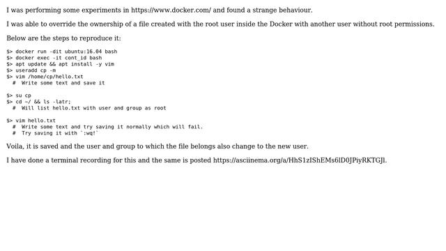 Able to override the root permission of a readonly file in `Docker` with a non-sudo user смотреть онлайн
