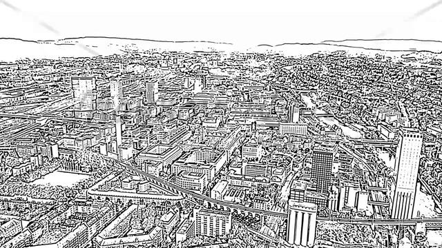 Sketch doodle style. Zurich, Switzerland. Panorama of the city from the air. Gewerbeschule area, Li смотреть онлайн