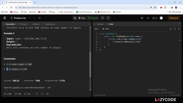 LeetCode In Java | Problem In Arrays : Easy Question | Find Numbers With Even Number Of Digits
