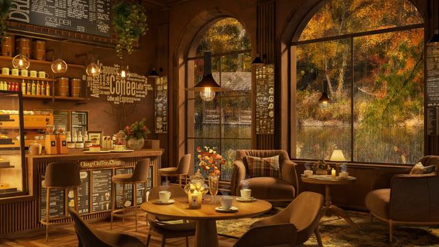 Rainy Autumn Day in Cozy Coffee Shop 4K ☕ Soothing Jazz Music for Study, Work and Sleep