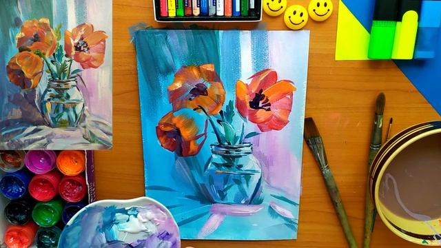 Как нарисовать натюрморт. Маки. Акрил | How to draw a still life. Poppies .Acrylic. смотреть онлайн