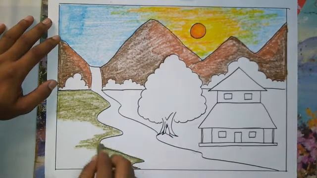Easy landscape drawing for kids and beginner | hill side house and nature смотреть онлайн
